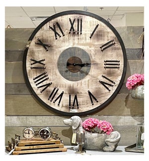 "Round Wooden Distressed Clock 36"", Roman #, Anqtiue Brown"