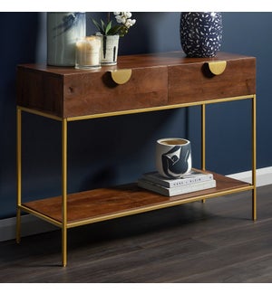 Moon Mango Wood Console Table 2 Dwr With Open Shelf