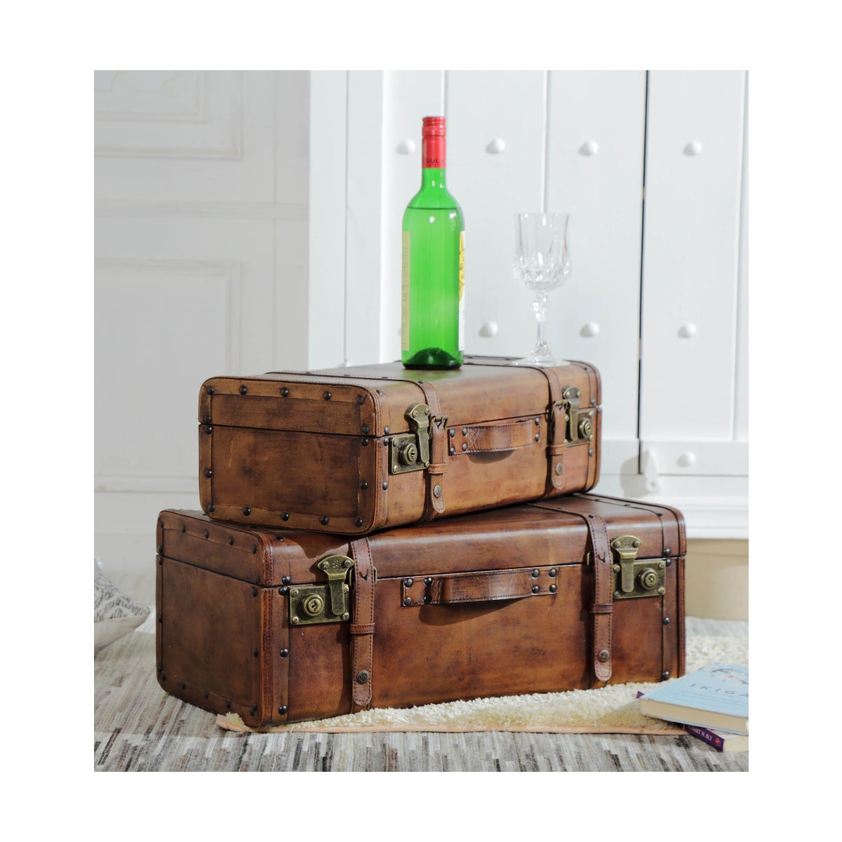 "Leather Antique Decorative Storage Trunk, Set Of 2"