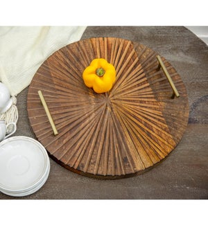 Carved Wooden Serving Tray with Metal Handle