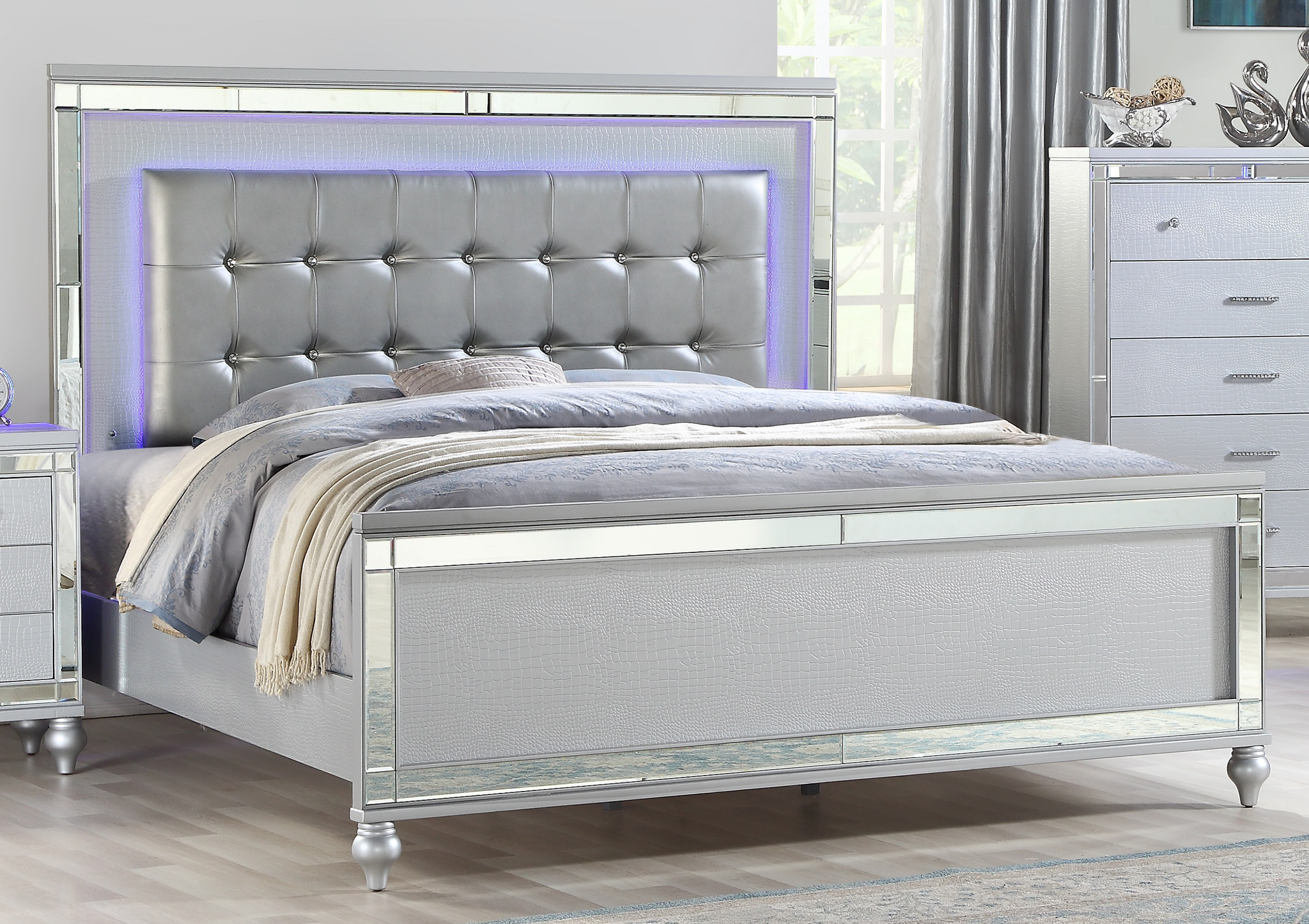 silver headboard with lights