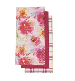 Peony Floral Tea Towel S/3 Pink