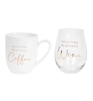 Adulting Requires Coffee/Wine Mug and Wine Glass Set Gold