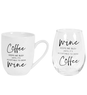 Keeps Me Busy Coffee Mug and Wine Glass Set Black