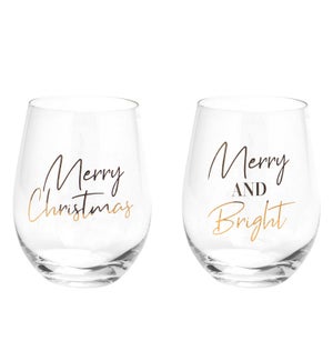 Merry Christmas | Merry and Bright Stemless Wine Glass Set Of 2 Gold