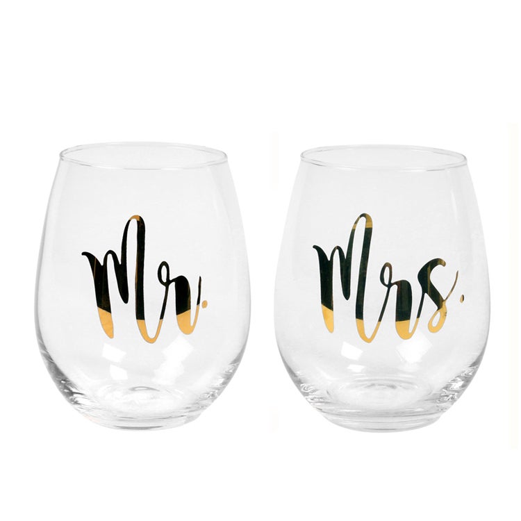 Stemless Wine Glass Gift Set for 2 Mr A****le & Mrs B***h Collection 