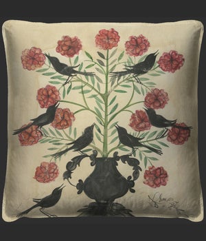 Black Birds in Pink Flowers Pillow