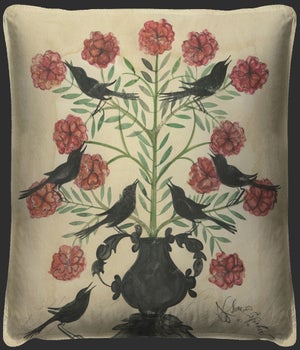 Black Birds in Pink Flowers Pillow