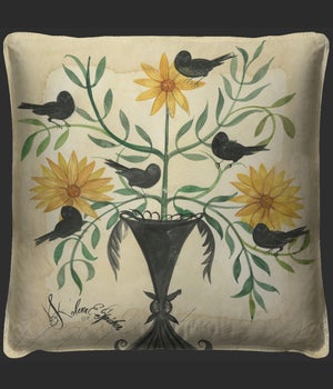 Black Birds in Yellow Flowers Pillow