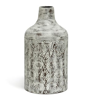 White Washed | 14in x 8in Decorative Floral Metal Vase