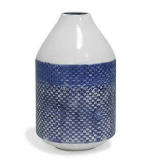 White and Blue Distress | 14in x 8in Traditional Checkered Metal Vase