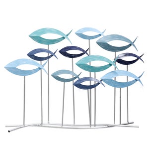 OCEAN SCHOOL | 19ht X 27w X 5d | Metal Table Top Abstract Sculpture of Fish in Shades of Blue