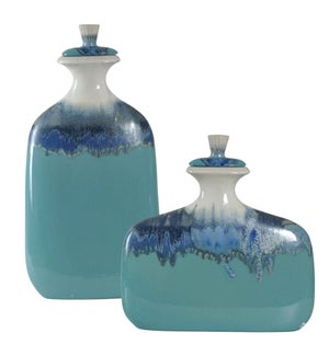 Set of Two Ceramic Jars with Lids in Blue Ombre