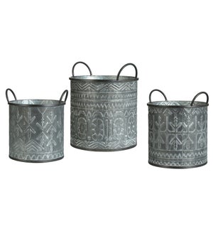 GALVANIZED BUCKET SET | Set of Three Embossed Design Metal Pales with Handles | 12in w X 15in ht X 1