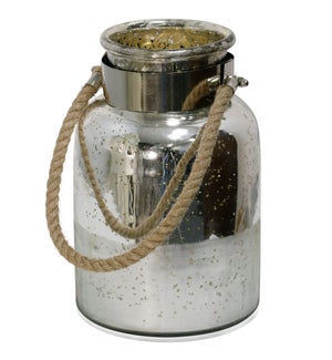 SILVER ANTIQUE  | 8in w. X 12in ht. X 8in d. | Half Etched Glass Lantern Jar with Chrome Metal Band