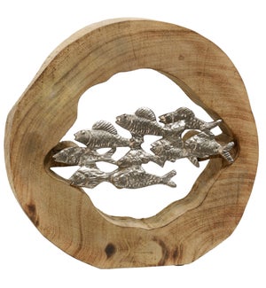 HOLLOW FISH SCHOOL | 11in X 12in X 3in | Natural Wood Sculpture with Painted Silver Fish Motif | Mad