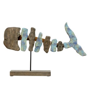 FISH BONE SHORT | 16in X 25in X 4in | Hand Colored Natural Wood Fish Sculpture on Stand | Made In In
