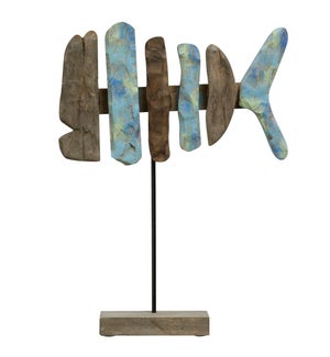 FISH BONE TALL | 22in X 16in X 4in | Hand Colored Natural Wood Fish Sculpture on Stand | Made In Ind