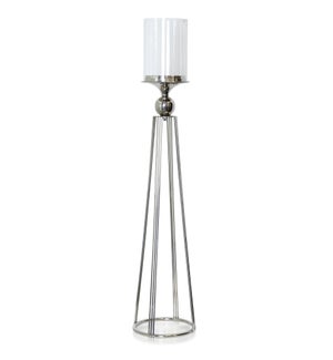 NICKEL PLATED | Tall Standing Metal Base Candle Holder with Glass Hurricane Cyliner Votive | 9in w X