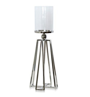 NICKEL PLATED | Medium Standing Metal Base Candle Holder with Glass Hurricane Cylinder Votive | 9in