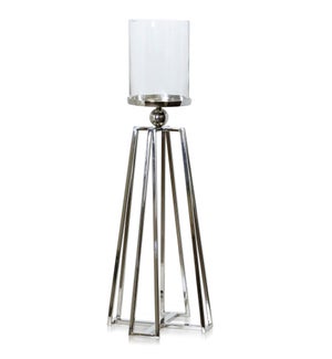 NICKEL PLATED | Tall Standing Metal Base Candle Holder with Glass Hurricane Cyliner Votive | 10in w