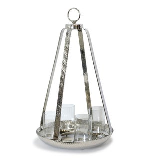 NICKEL PLATED | Large Lantern Hammered Design Metal Candle Holder with Four Small Cyliner Votives |