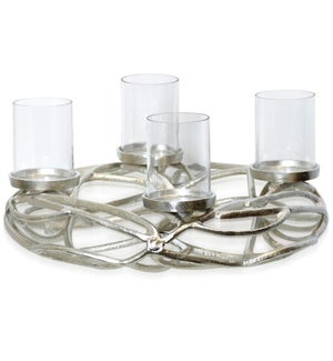 NICKEL PLATED | Nickel Plated Wreath Shape Candle Holder with Clear Glass Hurricanes | 16in w X 8in