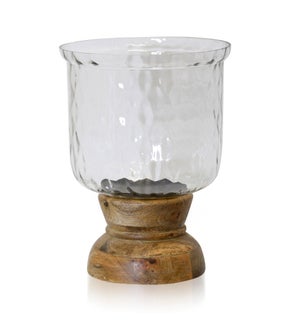 NATURAL WOOD & HAMMERED GLASS | Wood & Crystal Design Glass One Light Hurrican Candle Holder | Large