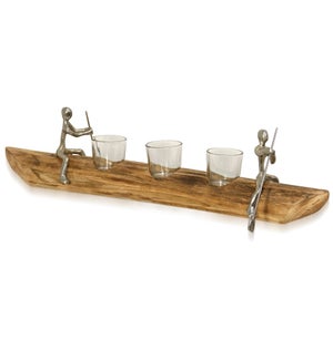 TEA LIGHT TANDEM | 22in w X 4in ht X 3in d | Natural Carved Wood Canoe with Paddling Pewter Figurine