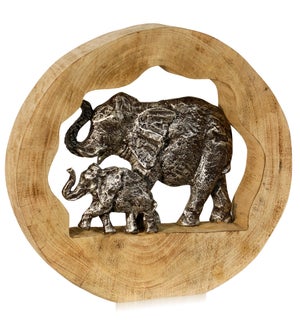 ELEPHANT GENERATIONS I | 14in ht X 14in w X 3in d | Natural Carved Wood Table Top Accessory with Pew