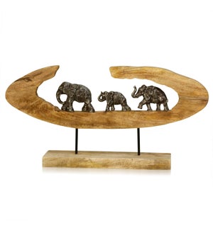 ELEPHANT GENERATIONS II | 13in ht X 27in w X 4in d | Natural Carved Wood Table Top Accessory with Pe