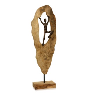 HUMAN ASCENDING | 26in ht X 8in w X 4in d | Natural Carved Wood Table Top Accessory with Pewter Pain
