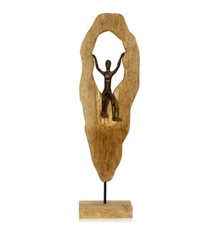 HUMAN DESCENDING | 25in ht X 8in w X 4in d | Natural Carved Wood Table Top Accessory with Pewter Pai