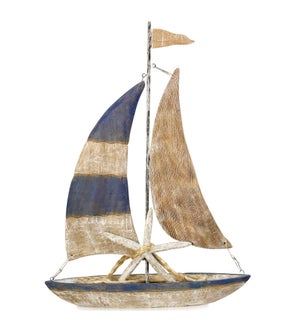 NATURAL SAILS | 25in ht X 19in w X 4in d | Natural Painted Wood Sail Boat Coastal Table Top Accessor