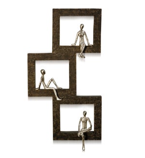 WAITING WINDOWS | 27in ht X 15in w X 4in d | Natural Stained Wood Wall Sculpture with Painted Pewter