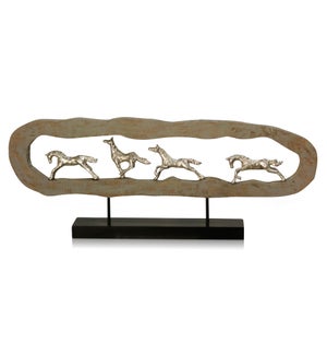 DASHING HORSES | 12in ht X 31in w X 3in d | Natural Carved Wood Table Top Accessory with Pewter Pain