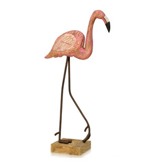 FLAMINGO STROLL | 23in ht X 9in w X 5in d | Natural Painted Wood & Metal Table Top Sculpture
