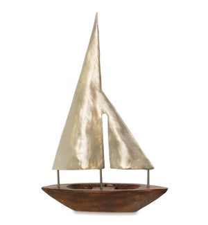 LARGE PEWTER SAILS | 21in ht X 13in w X 3in d | Natural Stained Wood Base Boat Sculpture with Pewter