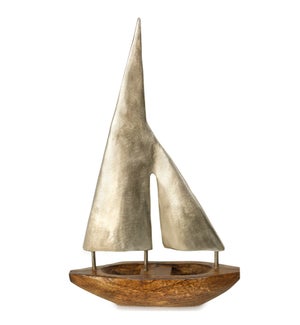 SMALL PEWTER SAILS | 16in ht X 10in w X 3in d | Natural Stained Wood Base Boat Sculpture with Pewter