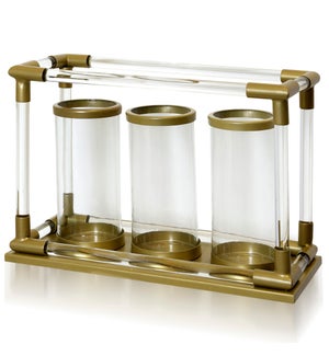CLEAR GLASS & GOLD | Metal & Clear Glass Stand with Three Lantern Glass Candle Holders | 8in w X 14i