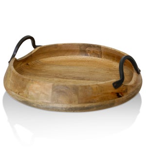 NATURAL ACACIA WOOD & IRON | Natural Wood with Iron Metal Round Decorative Tray | Large | 13in w X 5