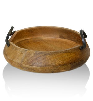 NATURAL ACACIA WOOD & IRON | Natural Wood with Iron Metal Round Decorative Tray | Large | 11in w X 4