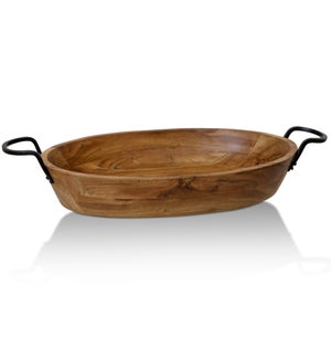 NATURAL ACACIA WOOD & IRON | Natural Wood with Iron Metal Oval Decorative Dish With Handles | Large