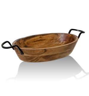 NATURAL ACACIA WOOD & IRON | Natural Wood with Iron Metal Oval Decorative Dish With Handles | Small