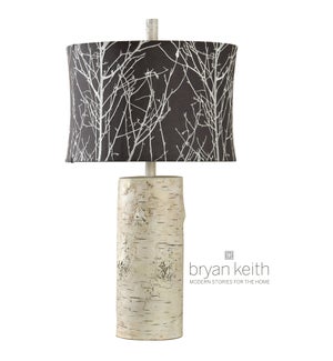 Willow log base table lamp in berkeley finish with custom designer embroidered fabric shade