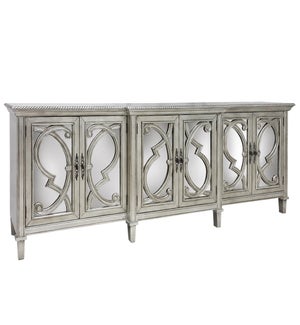 Amalfi 6 door cabinet features bold overlay grill fronting mirrored doors. Has a breakfront centered