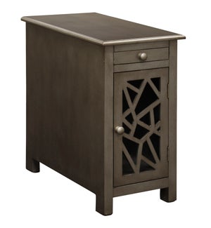Chairside Chest has laminate black  pull-out tray with metal glides- 1 door with carved fret front d