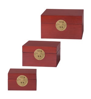 DANN FOLEY LIFESTYLE | Set of 3 Small Red Chinese Style Wooden Keep Box | 9in w. X 6in ht. X 9in d.