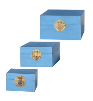 DANN FOLEY LIFESTYLE | Set of 3 Small Blue Chinese Style Wooden Keep Box | 9in w. X 6in ht. X 9in d.