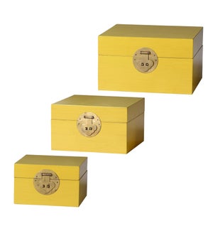 DANN FOLEY LIFESTYLE | Set of 3 Small Yellow Chinese Style Wooden Keep Box | 9in w. X 6in ht. X 9in